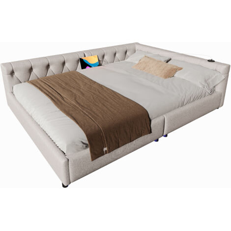 Lit canapé en lin beige 140x200 cm avec sommier à lattes, LED 7 couleurs, ports USB+Type-C