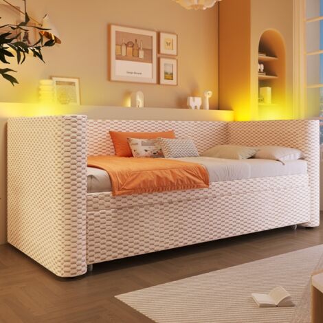 Lit canapé-lit de jour-LED design-Multifonction-Sommier lattes-Velours beige-229x191x68cm-Sans Matelas