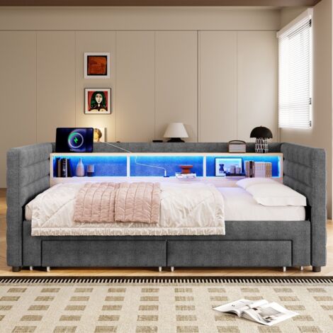 Lit canapé-lit gigogne multifonctionnel-2 tiroirs-USB+Type-C-barre LED-velours gris-sans matelas-202x109x72cm