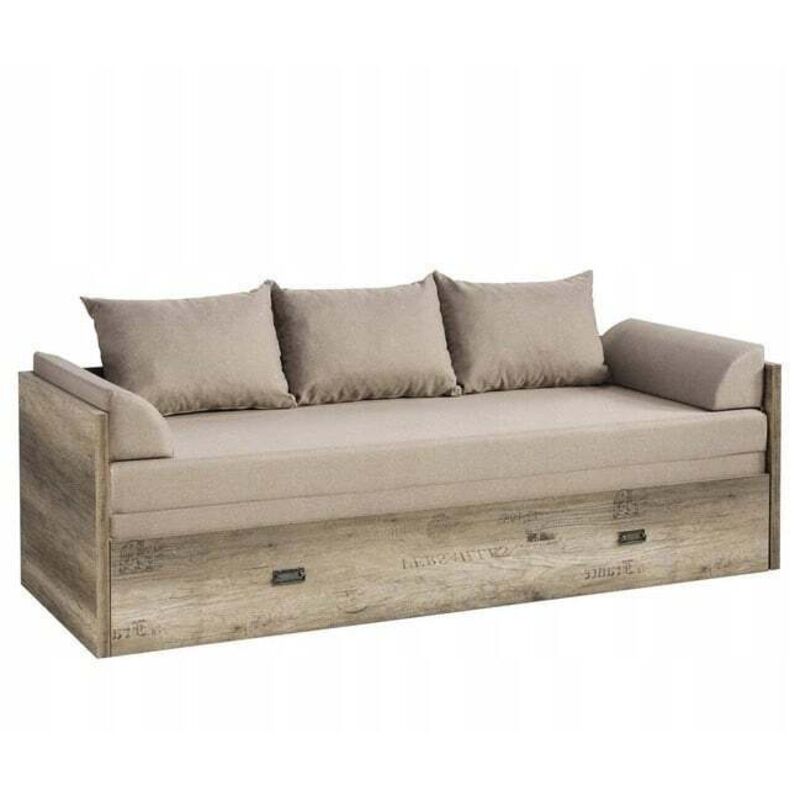 Lit Canapé pliant 80-160x200 coloris Chêne motif écriture avec matelas et 3 oreillers beiges - Longueur 202,5 ​​x Largeur 79-154 x Profondeur 60,5 cm