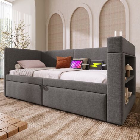 Lit canapé-rembourré-lit-gigogne-accoudoirs-USB-Type-C-porte-boissons-tissu-lin-gris-sans-matelas-217x182x74cm-Sans Matelas