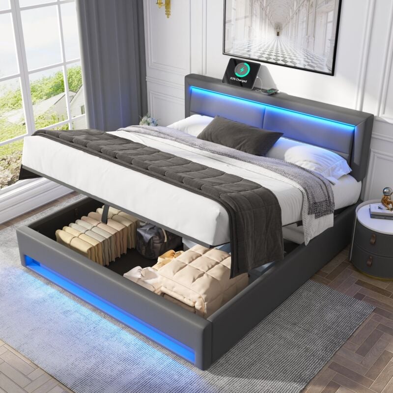 Redom - Lit coffre rembourré 140 x 190 cm, avec port usb (le chargement sans fil et filaire), avec led, sans matelas, pu, gris