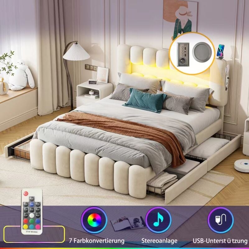 Lit adulte 160x200cm usb+led, lit double capitonné avec 4 tiroirs, tête de lit réglable en hauteur, velours, Sans matelas, beige