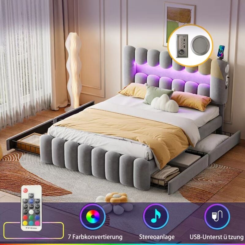 Lit adulte 160x200cm usb+led, lit double capitonné avec 4 tiroirs, tête de lit réglable en hauteur, velours, Sans matelas, gris