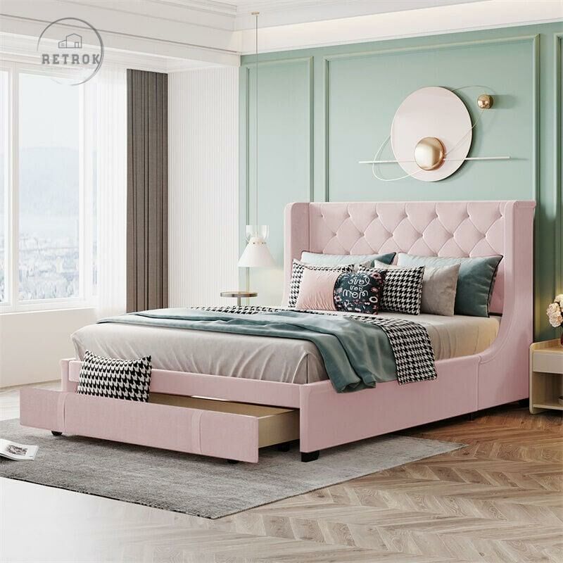 Lit capitonné 140 x 200 cm avec grands tiroir - lit double avec sommier à lattes dossier de lit en tissu pro-lin matelas non fourni - lit adulte rose