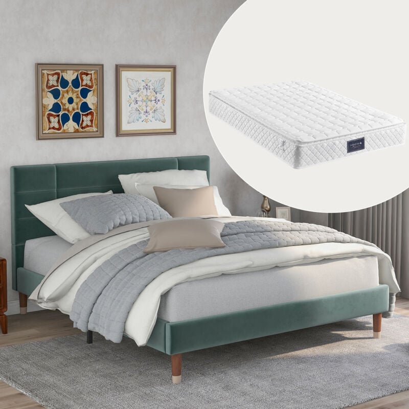 Lit capitonné 140 x 200 cm avec sommier à lattes et tête de lit, velours, vert, matelas inclus