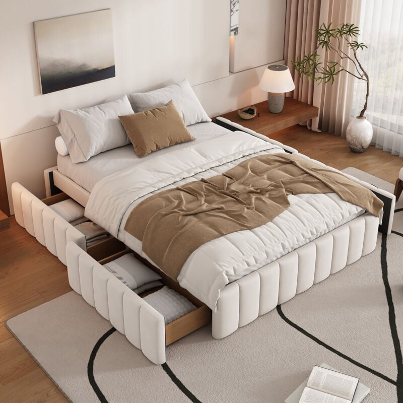Okwish - Lit double 140x200 cm cadre de lit avec sommier à lattes et grand espace de rangement, style minimaliste, en velours beige, sans matelas