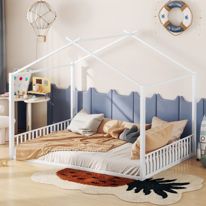 Okwish - Lit enfnat 140x200 cm lit cabane, lit double avec barriére de protection, structure en métal, blanc, sans matelas