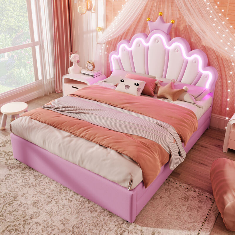 Okwish - Lit capitonné, 140 x 200 cm, sans matelas, lumière d'ambiance télécommandée, lit avec 2 tiroirs, lit princesse en forme de couronne, tête de