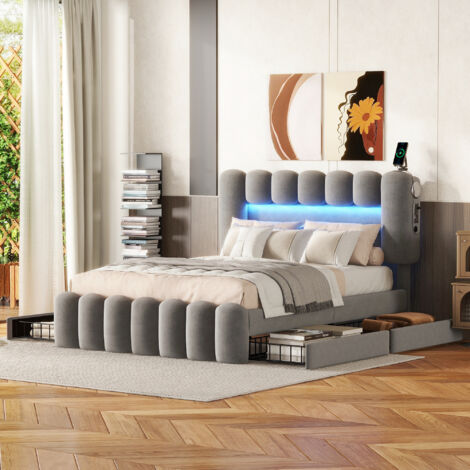 Lit capitonné 140 x 200, lit capitonné avec 4 tiroirs, lit capitonné avec bande lumineuse LED avec USB et stéréo, gris