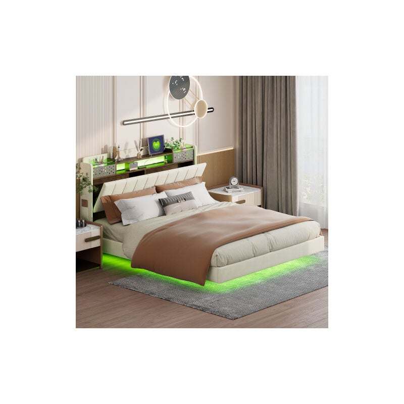 Okwish - Lit capitonné 160200 avec éclairage led et prise usb, tête de lit avec rangement, lit flottant lit jeune lit adulte, tissu lin, beige