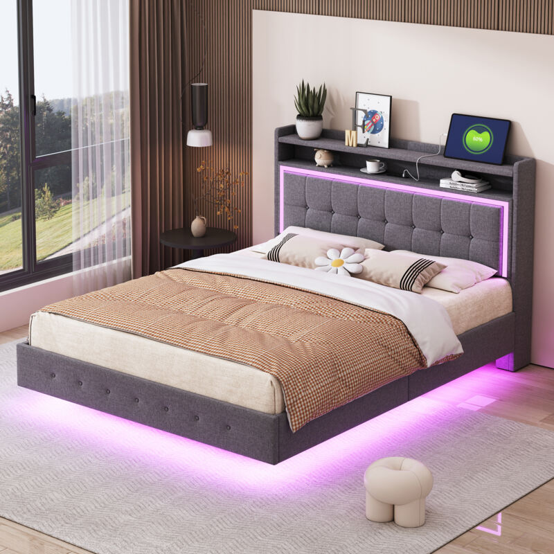 Lit capitonné 140200, avec prise usb et éclairage led, lit pouvant être placé en tête de lit, design pied caché, lit double plat, tissu lin gris