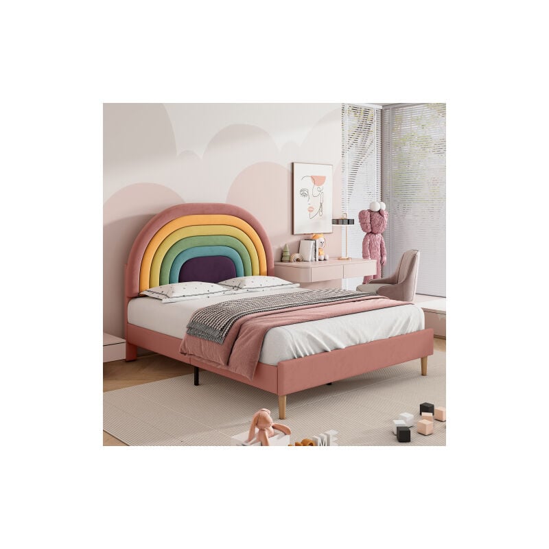 Okwish - Lit capitonné 140200, avec sommier à lattes et tête de lit, lit jeunesse, pour adultes & adolescents, support à lattes en bois, montage