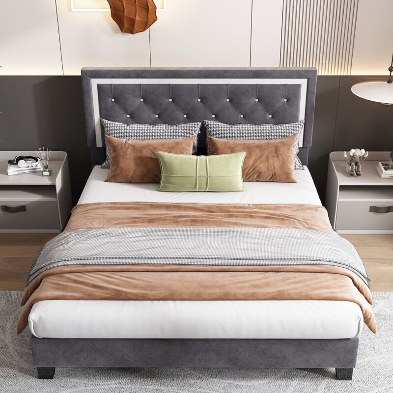 Lit capitonné 140x200 avec sommier à lattes et tête de lit, lit jeune, pour adultes support à lattes en bois, velours, gris