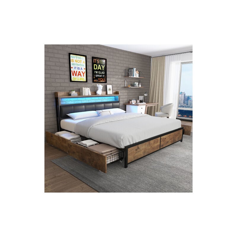 Okwish - Lit rembourré 140x200 cm avec sommier à lattes, tête de lit, led et 4 tiroirs, pour adultes et adolescents, en pu, ​​noir, sans matelas