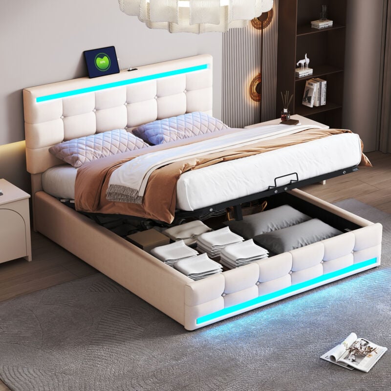 Lit coffre 140x200 cm lit double avec éclairage LED et tête de lit réglable en hauteur, beige, sans matelas
