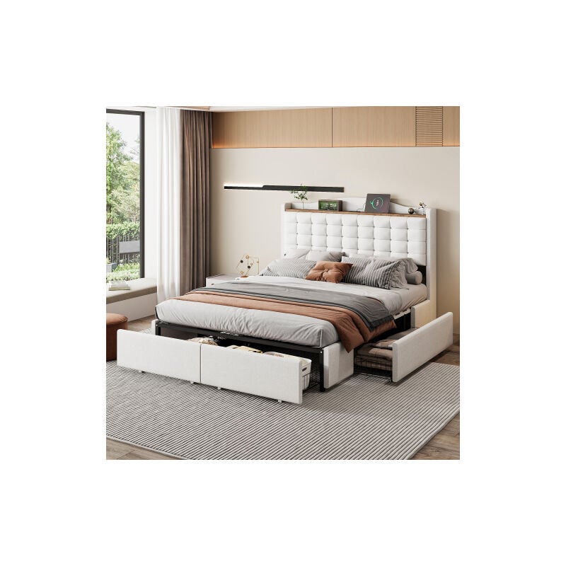 Okwish - Lit double 140x200 cm avec 4 tiroirs et tête de lit avec port de charge usb, tissu lin, beige, sans matelas