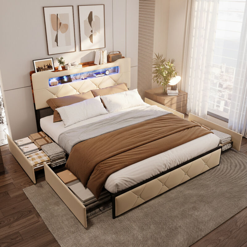 Lit capitonné 140x190 cm - Lit double avec LED - 4 tiroirs - sommier à lattes - tête de lit avec espace de rangement - fonction de charge USB - beige