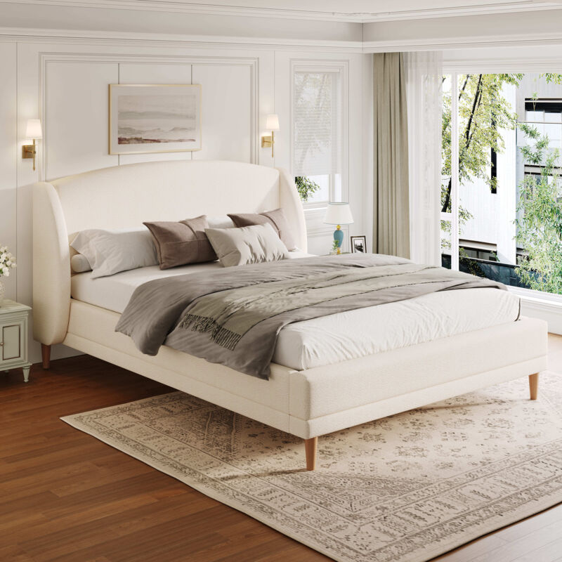 Lit capitonné 140x190 cm - Tête de lit à oreilles - Pieds en bois d'hévéa - Sommier à lattes - Tissu bouclé - Blanc (sans matelas)