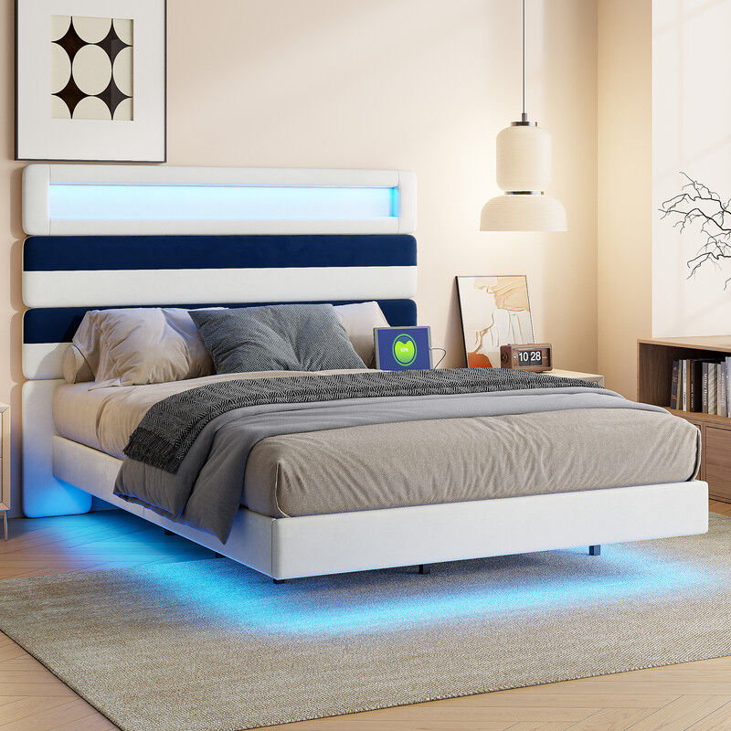 Lit Adulte 160x200 cm, Lit Capitonné 160x200 avec Tête de Lit Rayures Bleues Réglable, LIT Double avec Ports USB Double et Éclairage LED Intégré, lit