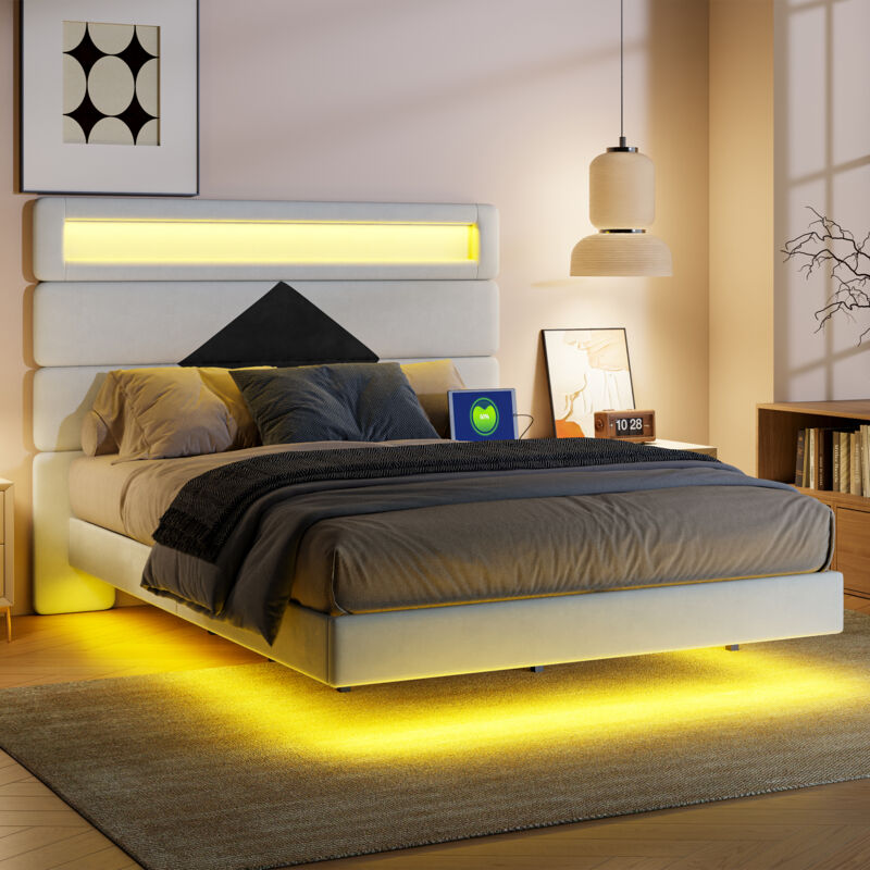 Lit double 160x200, lit capitonné, lit rembourré velours, lit 2 places avec led et chargeur usb, tête de lit à motif réglable, sommier à lattes en