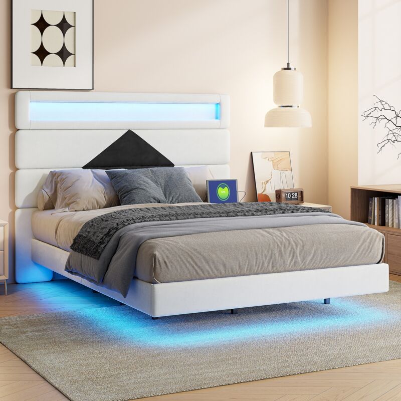 Lit capitonné 140x190, lit double capitonne, lit adulte avec led, lit 2 places avec chargeur usb, tête de lit à motif réglable, sommier à lattes en