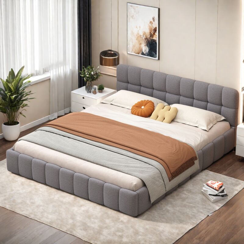 Sureh - lit double 160 x 200, lit capitonné, lit double rembourré, lit adulte avec dossier moelleux, lit plat avec bordure rembourrée, lin, sans