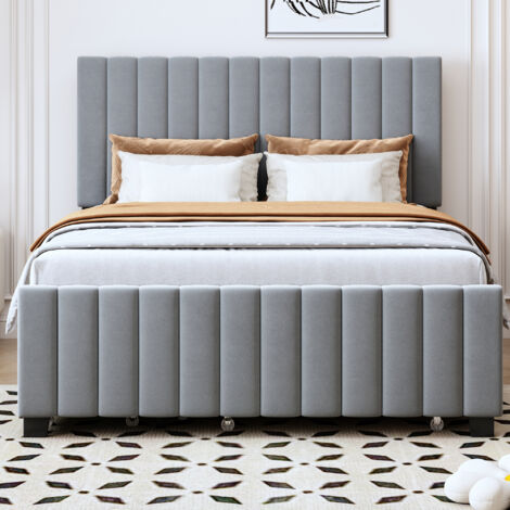 Lit Capitonné 140x190cm - Avec Lit Gigogne & 2 Tiroirs - Pour Chambre, Invités - Gris