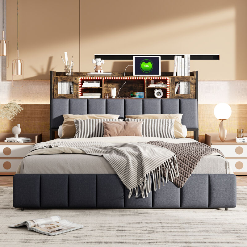 Lit Capitonné 160x200 avec Rangement,Lit 160x200 avec Tiroirs Rangement Lit Double avec Rangement Lit Coffre Led et usb Cadre de Lit avec