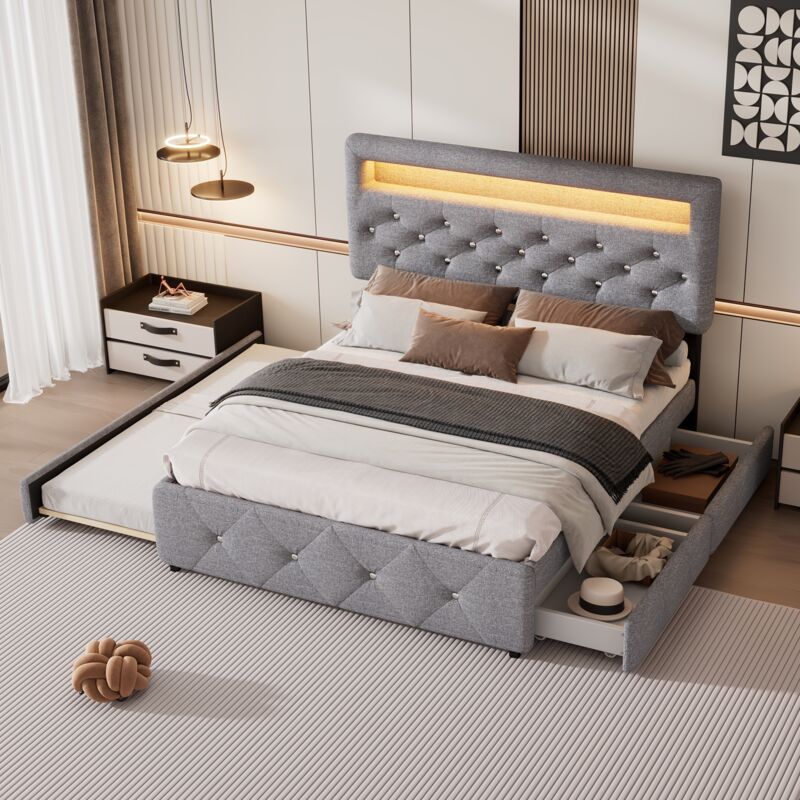 Wishdor - Lit avec tiroirs Lit adulte Lit double 140 x 200 cm avec lit gigogne 90 x 200 cm et 2 tiroirs, gris