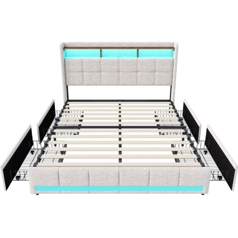 Lit capitonné 140x200 cm avec 4 tiroirs - sommier à lattes en bois massif, éclairage LED, tête de lit avec port USB/Type-C, rangements ouverts, lin - Beige