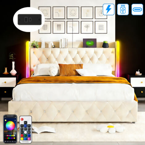 Lit Capitonne 140x200 CM avec Sommier à Lattes en bois - avec LED et USB Tpye C - Lit Coffre avec Rangement Hydraulique - 2 Personnes - Beige Velour