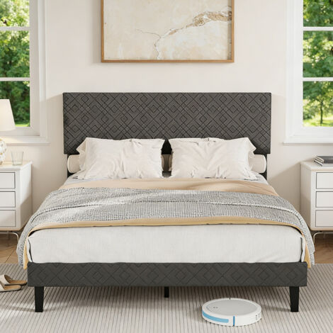 Lit Capitonné 140x200 cm, Tête de Lit Réglable en Lin, Lit Adulte avec Sommier à Lattes en Bois, 2 Personne, 15 de Rangement, Gris