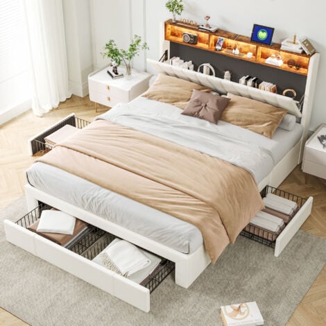 FORTUNA LAI Lit capitonné 140x200cm avec 4 tiroirs, avec tête de lit LED rangement et recharge USB, sommier à lattes, velours, beige