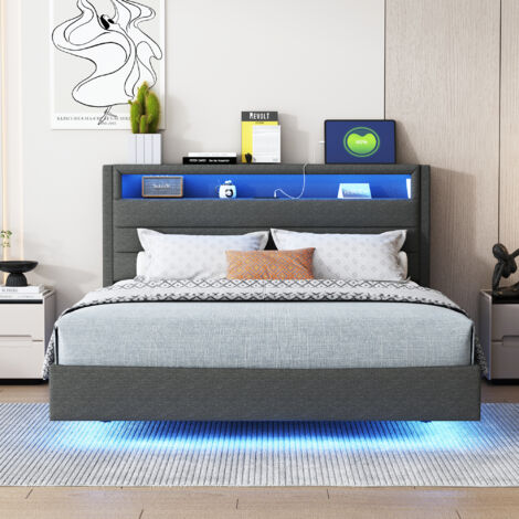 Lit Capitonné 140x200cm - Avec LED, USB & Rangement au Chevêt - Pour Chambre - Gris