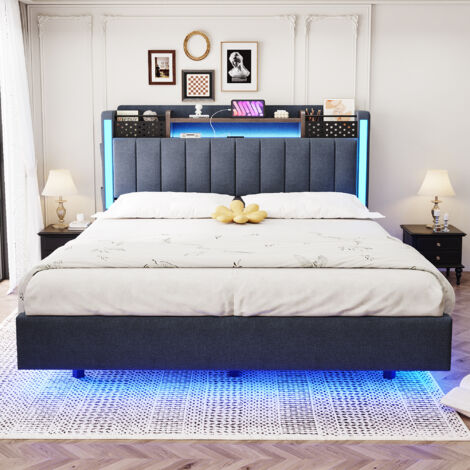 Lit Capitonné 140x200cm - Avec LED, USB & Rangement au Chevêt - Pour Chambre - Gris