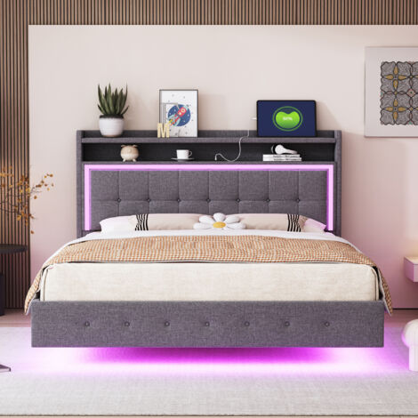 Lit Capitonné 140x200cm - Avec LED, USB & Rangement au Chevêt - Pour Chambre - Gris