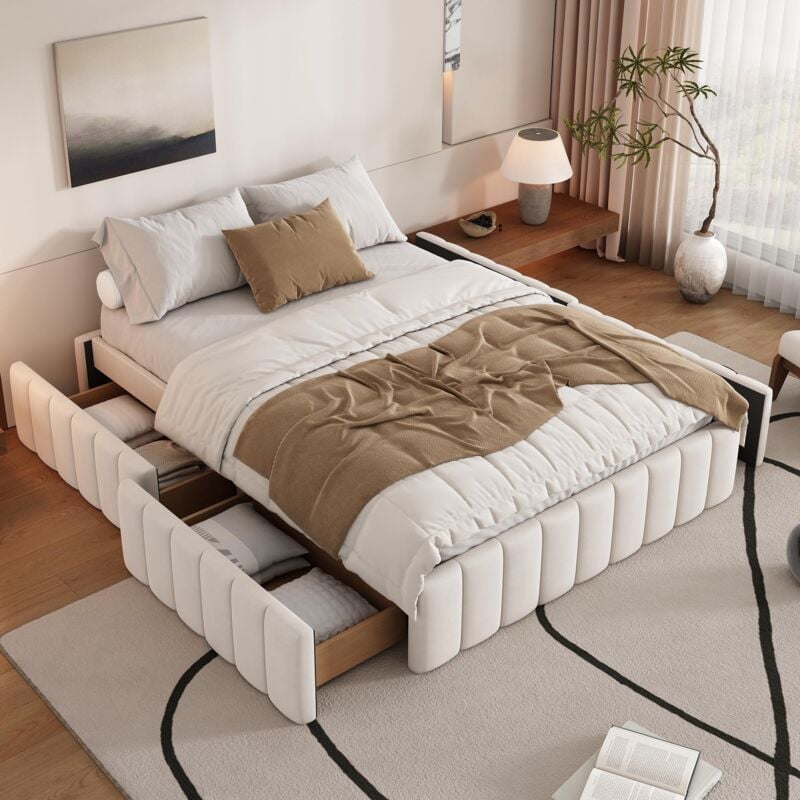 Modernluxe - Lit capitonné 140x200cm en velours sans tête de lit - avec tiroirs et sommier à lattes - Beige