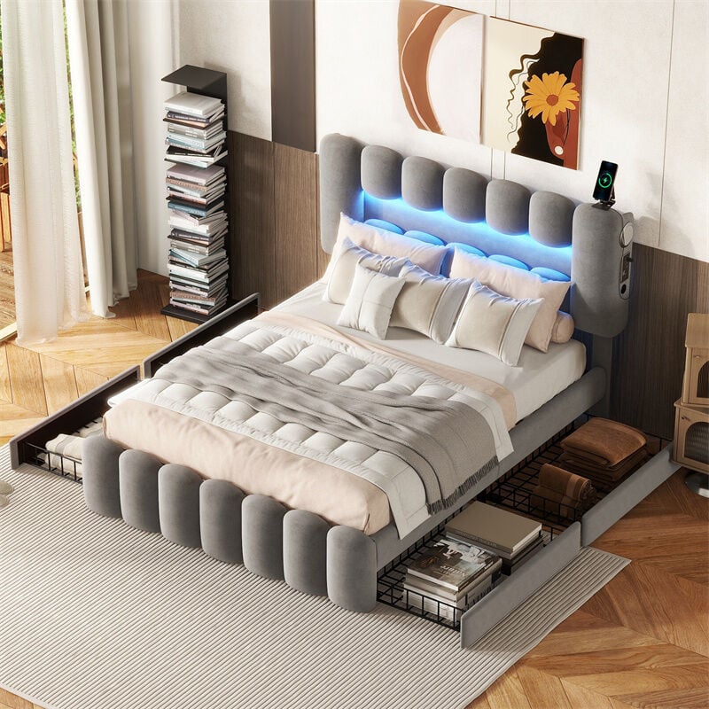 Lit 140x200cm - lit double adulte avec 4 tiroirs, sommier à lattes, tête de lit LED avec USB et stéréo - velours gris