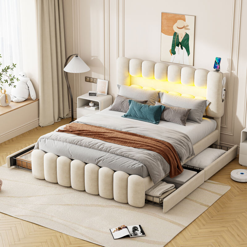 Fortuna Lai - Lit 160x200cm - lit double adulte avec 4 tiroirs, sommier à lattes, tête de lit led avec usb et stéréo - velours beige
