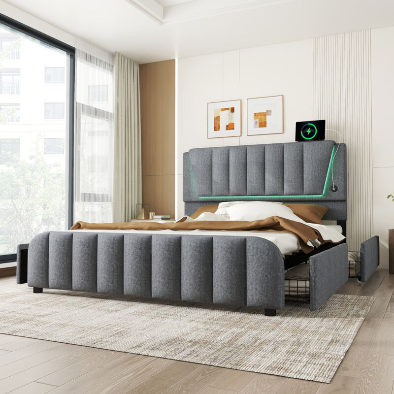 Lit capitonné, 160x200cm, lit avec sommier à lattes (sans matelas), éclairage de chambre télécommandé, lit avec quatre tiroirs, tête de lit réglable,