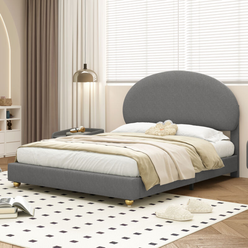 Hauss Spole - Lit capitonné, 140x200cm, lit double, lit enfant/adulte, tête de lit arquée et sommier à lattes, velours en Teddy, gris - Sans matelas