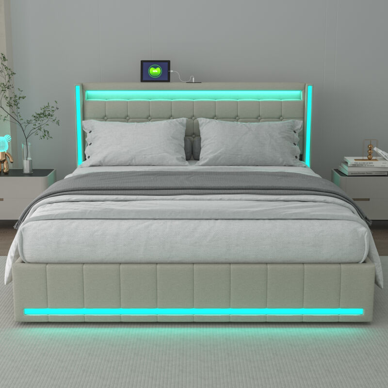 Lit Capitonné 160x200,Lit Adulte 160x200, Lit Coffre Lumière LED Réglable et Chargement USB, Lit Adulte avec Rangement, Lit Double avec 4 Tiroir,