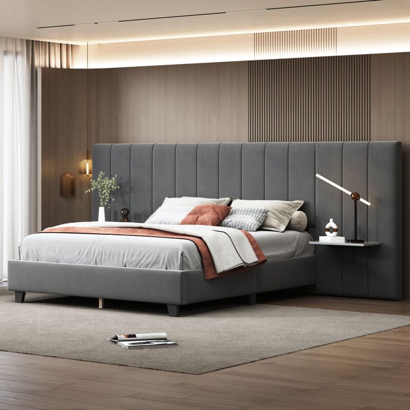 Okwish - Lit double 160x200 lit aulte rembourré cm dossier allongés, étagères de de la tête de lit et sommier à lattes, tissu velours, gris