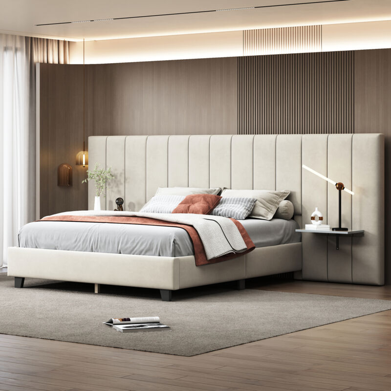 Okwish - Lit double 160x200 cm lit aulte rembourré cm dossier allongés, étagères de de la tête de lit et sommier à lattes, tissu velours, beige, sans