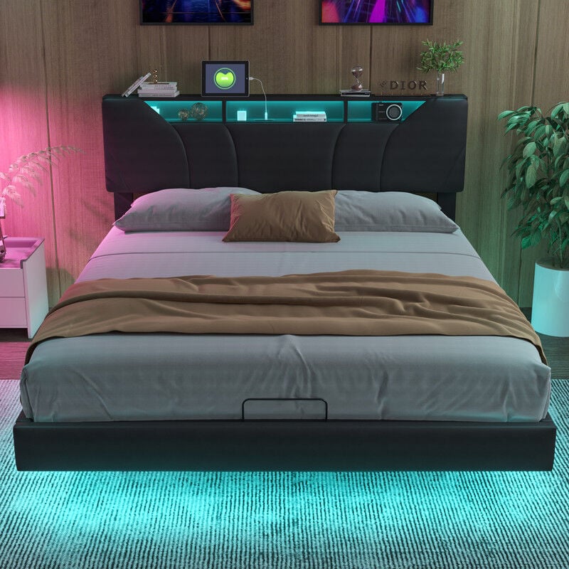 Lit capitonné, 160 x 200 cm, lit double de style moderne avec tête de lit de rangement, port USB, lumière LED, lit hydraulique avec rangement sous le
