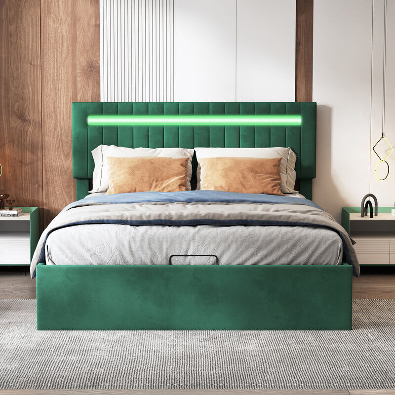 Sureh - Lit capitonné, 160 x 200 cm, lit double en velours vert avec lumière led, lit hydraulique avec rangement sous le lit, cadre à lattes en bois