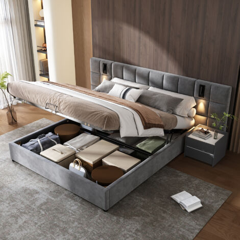 Lit capitonné 160 x 200 cm,lit coffre 160 x 200 cm avec lampe orientable et port USB,lit double avec rangement,sans table de chevet,velours,gris