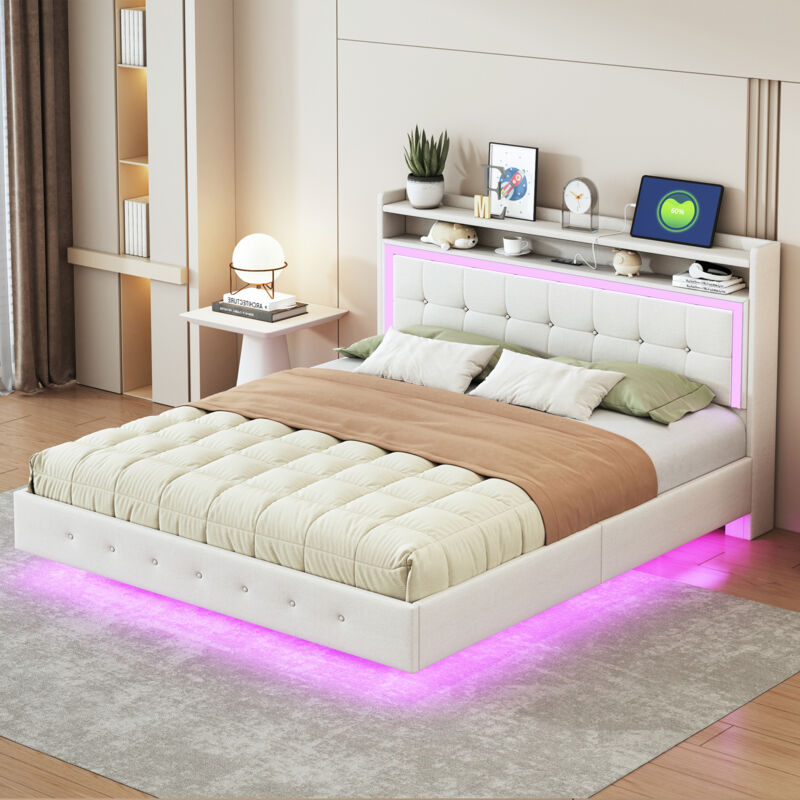 Okwish - Lit rembourré 160x200 cm lit double avec prise usb, lumière led, tête de lit et conception de pied caché, tissu en lin, beige, sans matelas