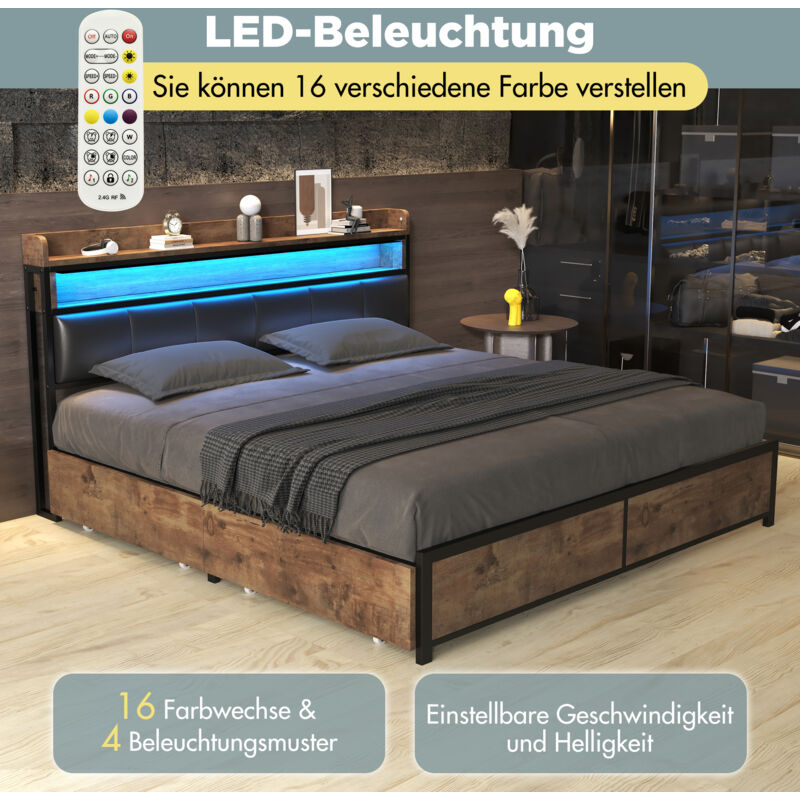 Okwish - Lit rembourré 160x200 cm avec sommier à lattes, ramgements, tête de lit, led et 4 tiroirs, pour adultes et adolescents, en pu, ​​noir